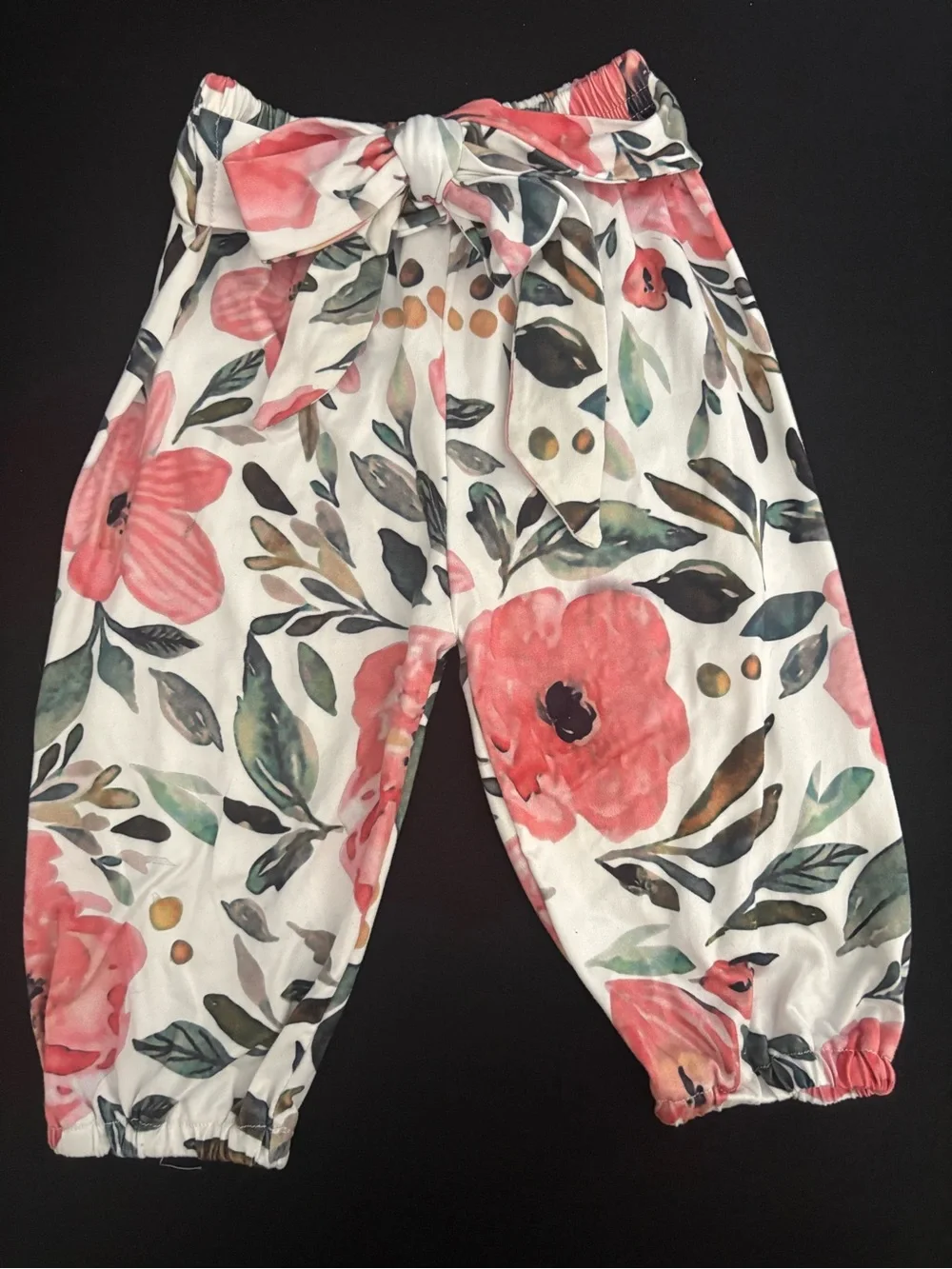 Girls White Floral Paperbag Waist Pants with Coral Print